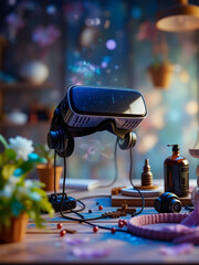 A virtual reality headset is on a table with a bottle of perfume