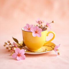 A yellow cup with pink flowers on it sits on a white plate