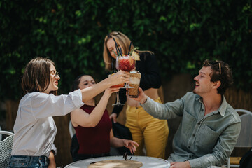 Friends enjoying a sunny day while clinking glasses with beverages in an outdoor setting, celebrating togetherness.