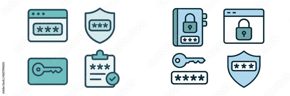 Poster security icons representing password management and data protection for online safety in digital env