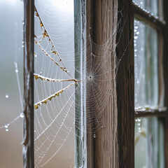 A spider web is seen through a window