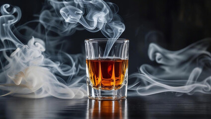 A glass of alcohol is sitting on a table with smoke coming out of it