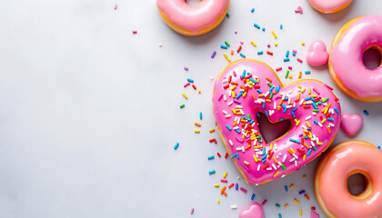 Pink heart-shaped donut with sprinkles and other pink donuts on gray background, Valentines Day bakery concept, sweet food photography