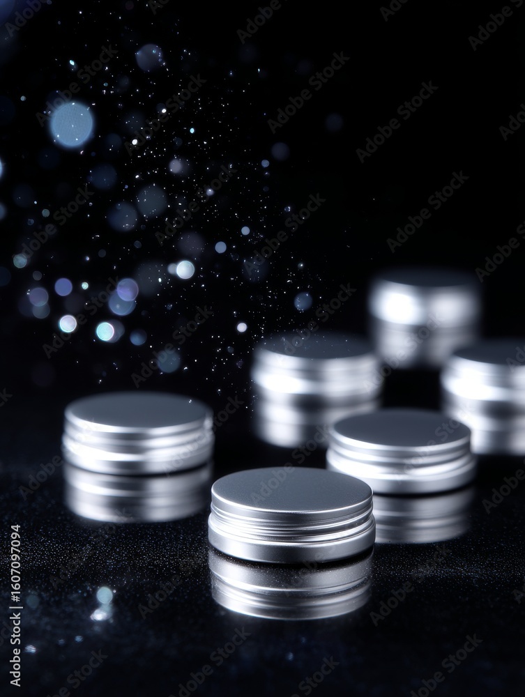 Aufkleber a collection of shiny silver containers is beautifully arranged on a dark surface. the blurred backg