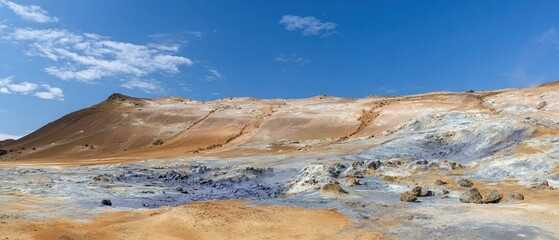 Hverir mud pots and sulfur fumaroles palette resembling Martian landscape. Sci-fi concept art for book covers or planetary science visuals. 