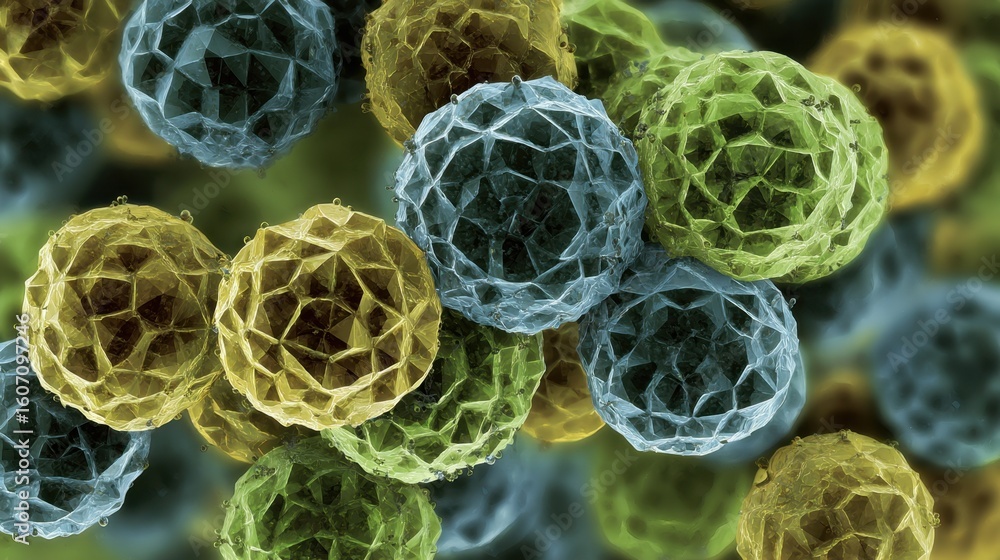 Poster microscopic view of clustered nanodiamonds displaying unique spherical shapes and surface textures u