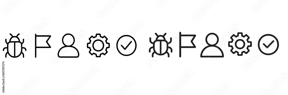 Poster icon set showcasing various symbols including bugs, flags, gears, and checkmarks representing tasks 