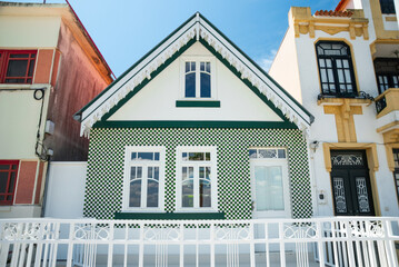 Colorful Striped Houses in Costa Nova, Aveiro, Portugal on a Sunny Day