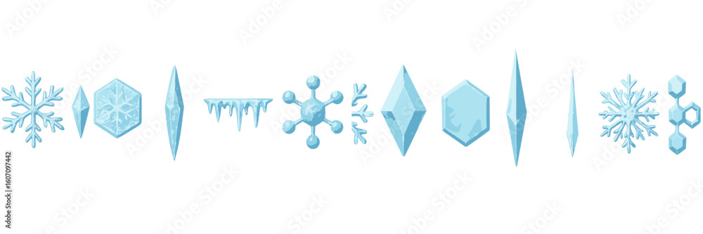 Poster unique ice crystal patterns showcasing various shapes and designs in a bright blue color scheme duri