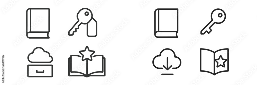 Poster illustrations of books and keys representing knowledge and access in a minimalist design