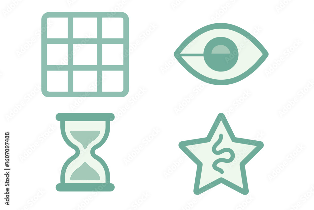 Poster visual elements of symbols including a grid, eye, hourglass, and star displayed in minimalist design