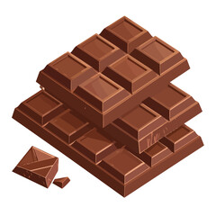 Isometric vector illustration of stacked milk chocolate bars with a broken square piece.