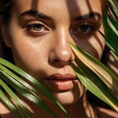 Woman portrait with beauty, tropical leaves, and summer.