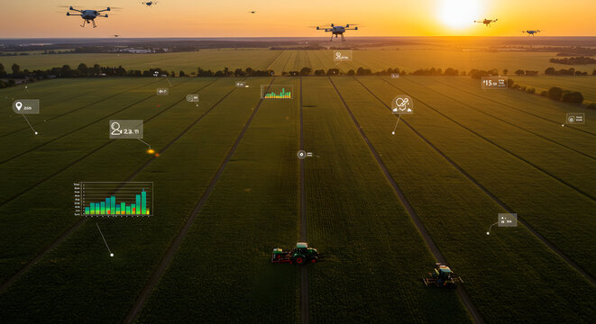 Drones monitor vast farmland with tractors and data overlays during sunset