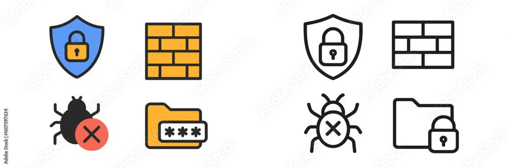 Poster digital security icons representing online protection tools and malware prevention systems in a mini