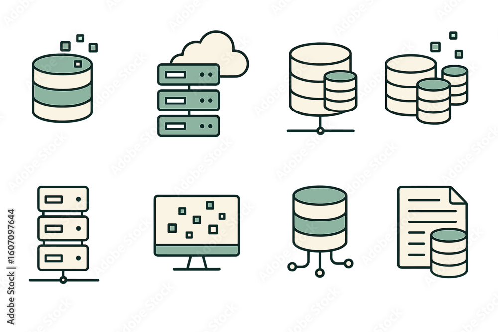 Poster visual representation of data storage concepts with illustrations of databases and servers in a mode