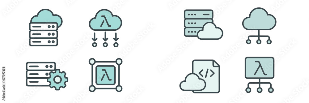 Poster cloud-based architecture and data management icons illustrating modern technology concepts