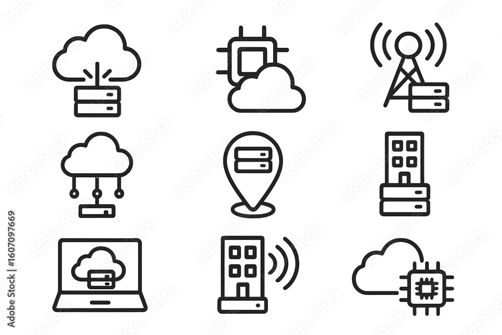 Poster cloud computing icons illustrating various concepts related to data storage and connectivity in a di