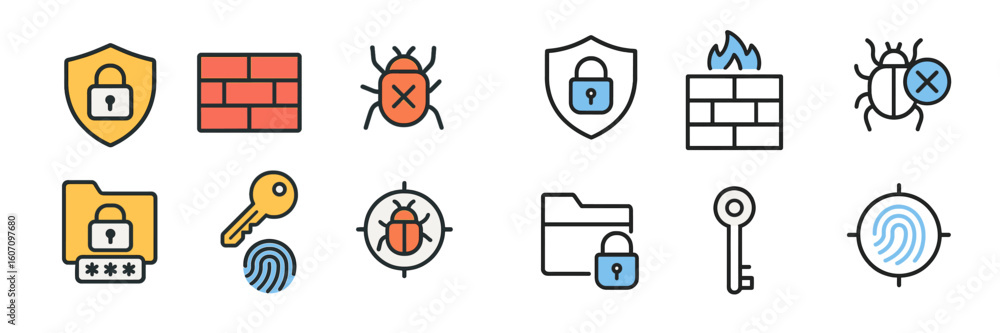 Poster security icons illustrating various aspects of cybersecurity threats and protections against data br