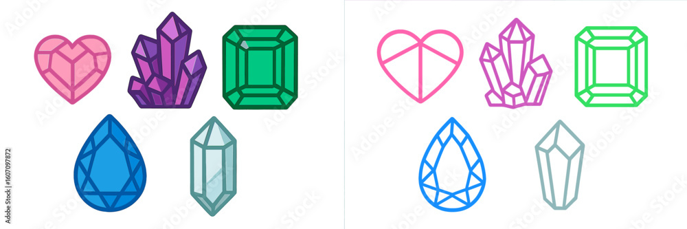 Poster variety of colorful gem and crystal designs featuring different shapes and styles on a simple backgr