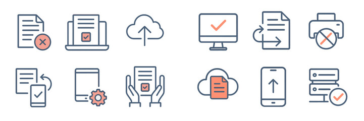 Different digital document management icons depicting upload, download, printing, and approval processes in a streamlined format