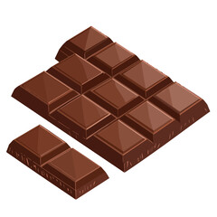 Isometric illustration of a rich brown chocolate bar broken into two pieces, showing square segments and a rough texture.