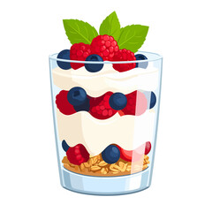 Layered yogurt parfait in a glass with fresh raspberries, blueberries, granola, and a mint garnish. Healthy breakfast dessert illustration.