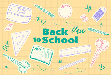 Collection of Cute Doodle Style Vector Stickers – Back to School Stationery in Green, Pink, and Purple on Squared Paper