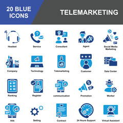 20 Blue Flat Telemarketing Icons – Customer Support, Communication, and Digital Marketing Vector Set