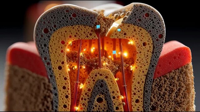 A detailed, cross-sectional conceptual illustration of a tooth undergoing a root canal procedure, revealing intricate internal structures, nerve pathways, and glowing elements suggesting advanced