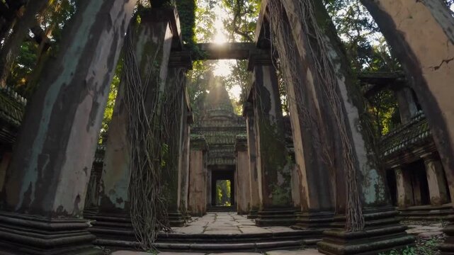 Beng Mealea, a hidden gem of Angkorian architecture, reveals its majestic ruins, overgrown with jungle vegetation, as sunlight filters through the stone pillars