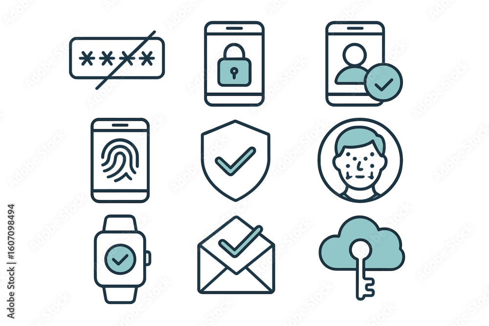 Poster security icons representing various authentication methods and digital protection tools in a tech en