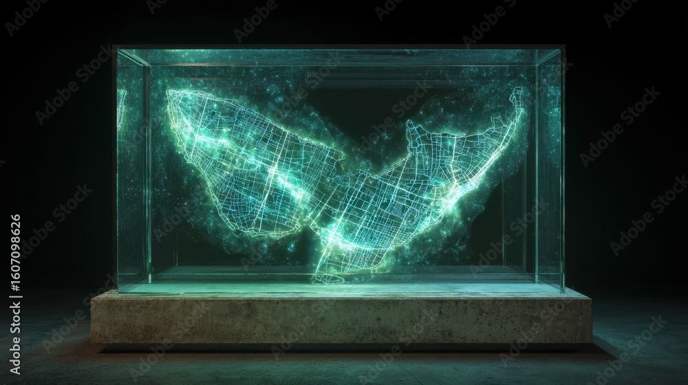 Poster bioluminescent organisms are illuminating the outline of a city map made of basalt glass windows. hi