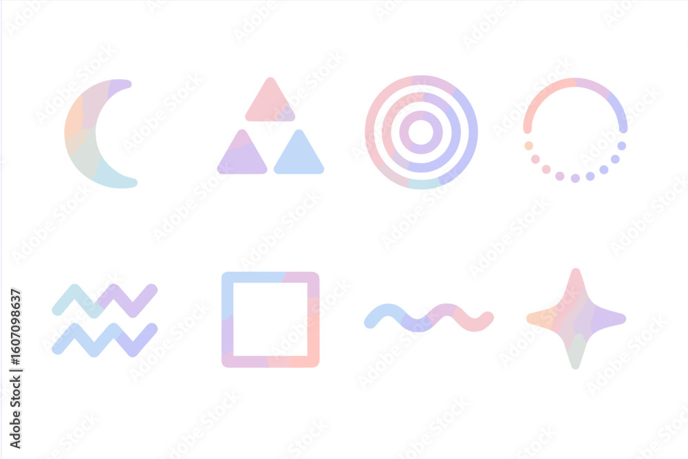 Poster abstract pastel shapes and symbols create a vibrant visual pattern suitable for modern design projec