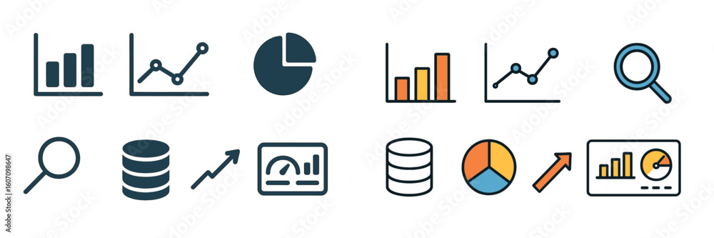 Poster data analytics elements showcasing charts, graphs, and magnifying glasses in a clean design for visu