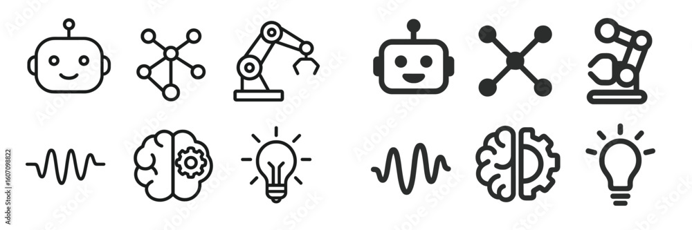 Poster collection of minimalistic icons depicting robotics, artificial intelligence, and technology concept