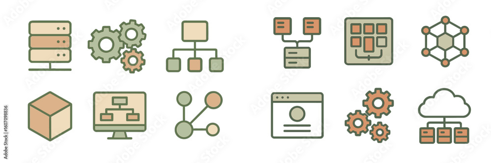 Poster collection of computer network and data management icons designed in a modern style for digital plat