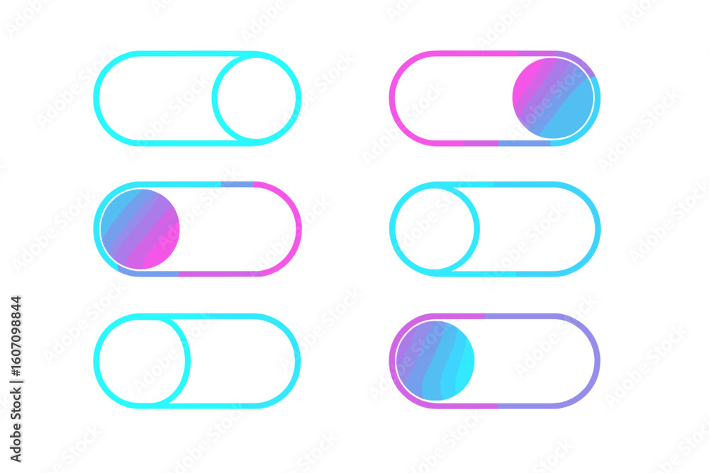 Poster colorful toggle switches with gradient designs showcasing on and off states in a modern digital inte