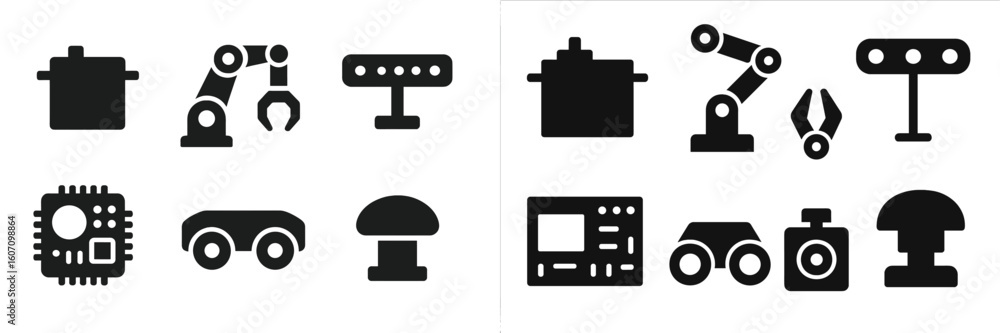 Aufkleber unique black silhouette icons representing technology and robotics themed elements arranged on a pla