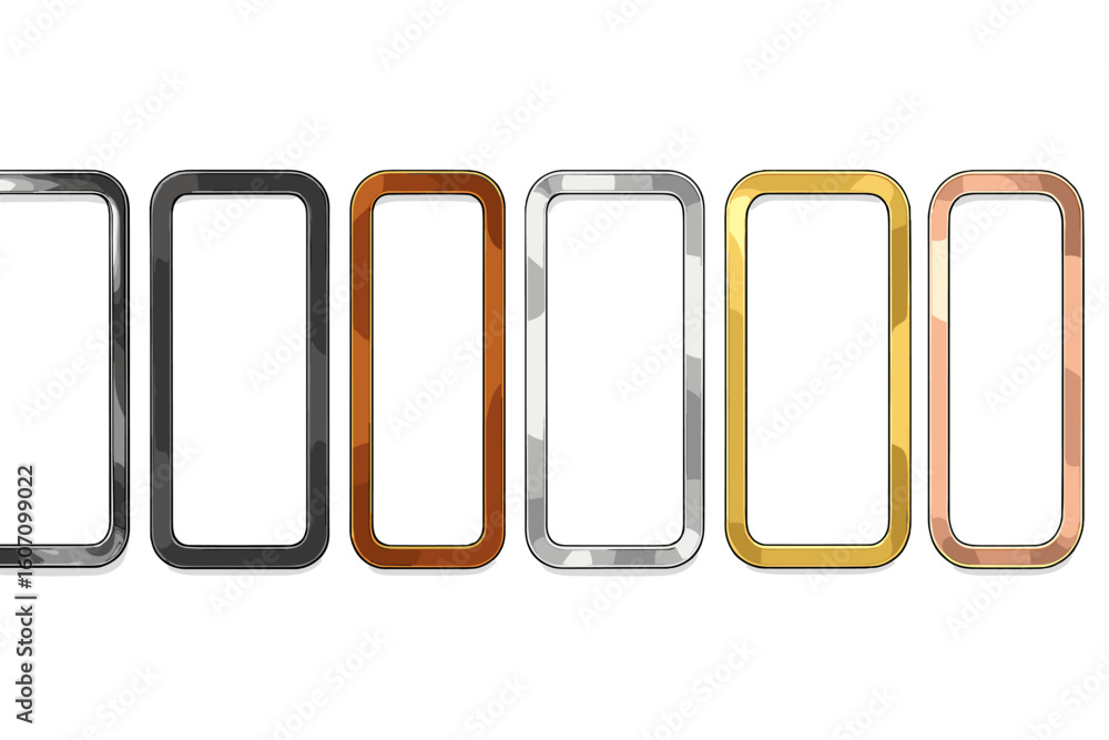 Poster various rectangular frames arranged in a row showcasing different metallic finishes in a modern desi