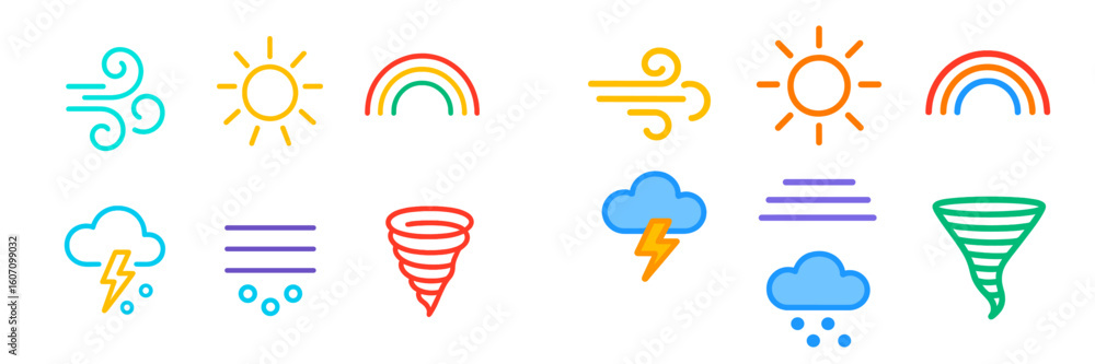 Poster different weather symbols representing various atmospheric conditions in a colorful and simple desig