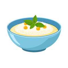 Creamy porridge in a blue ceramic bowl, topped with fresh basil and small yellow berries.