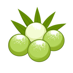 Glossy green and white spherical mochi desserts with leaves and powdered sugar topping.