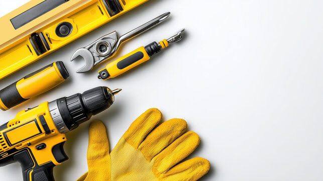 Yellow power tools including a drill, level, wrench, screwdriver, and gloves arranged on a clean surface, showcasing essential equipment for construction and DIY projects