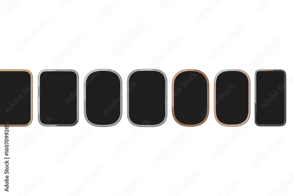 Poster Various shapes of blank black labels with different borders lying in a row on a white background