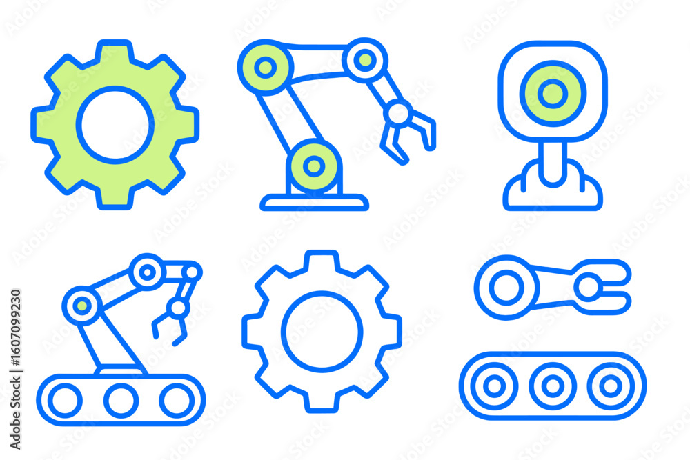 Poster visual representation of industrial automation components featuring gears and robotic arms in a mode