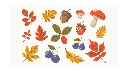 Colorful Autumnal Elements Collection: Hand-Drawn Leaves, Berries, Acorn, and Mushrooms for Seasonal Designs and Creative Projects