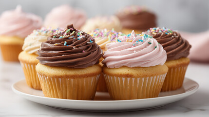 Delicious cupcakes with chocolate and pink frosting topped with colorful sprinkles arranged on a white plate, showcasing a delightful dessert presentation for any occasion