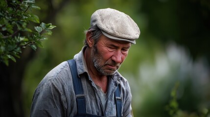 Photograph of a sad farmer, an emotional shot with film grain and depth blur in the background. 