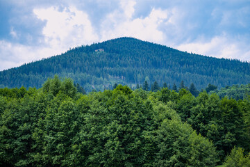 Majestic green mountain covered with dense forest under a blue sky with clouds.